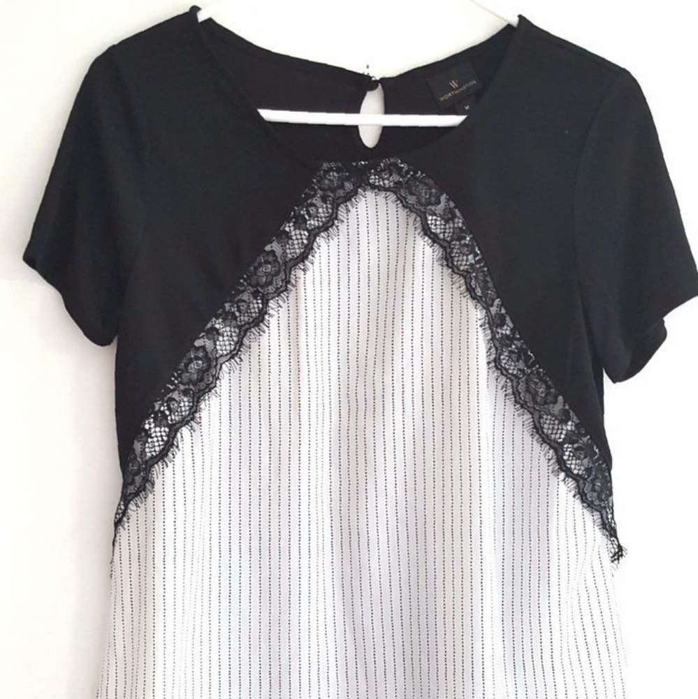 Black & white striped blouse with lace accents